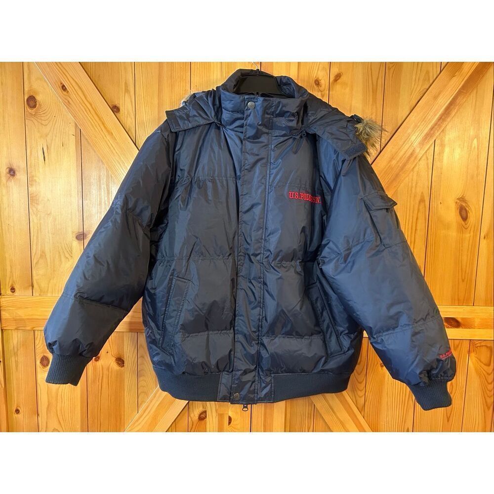US Polo Assn Men’s Puffer Parka Winter Coat Navy Faux Fur Hood Size XL (5441)